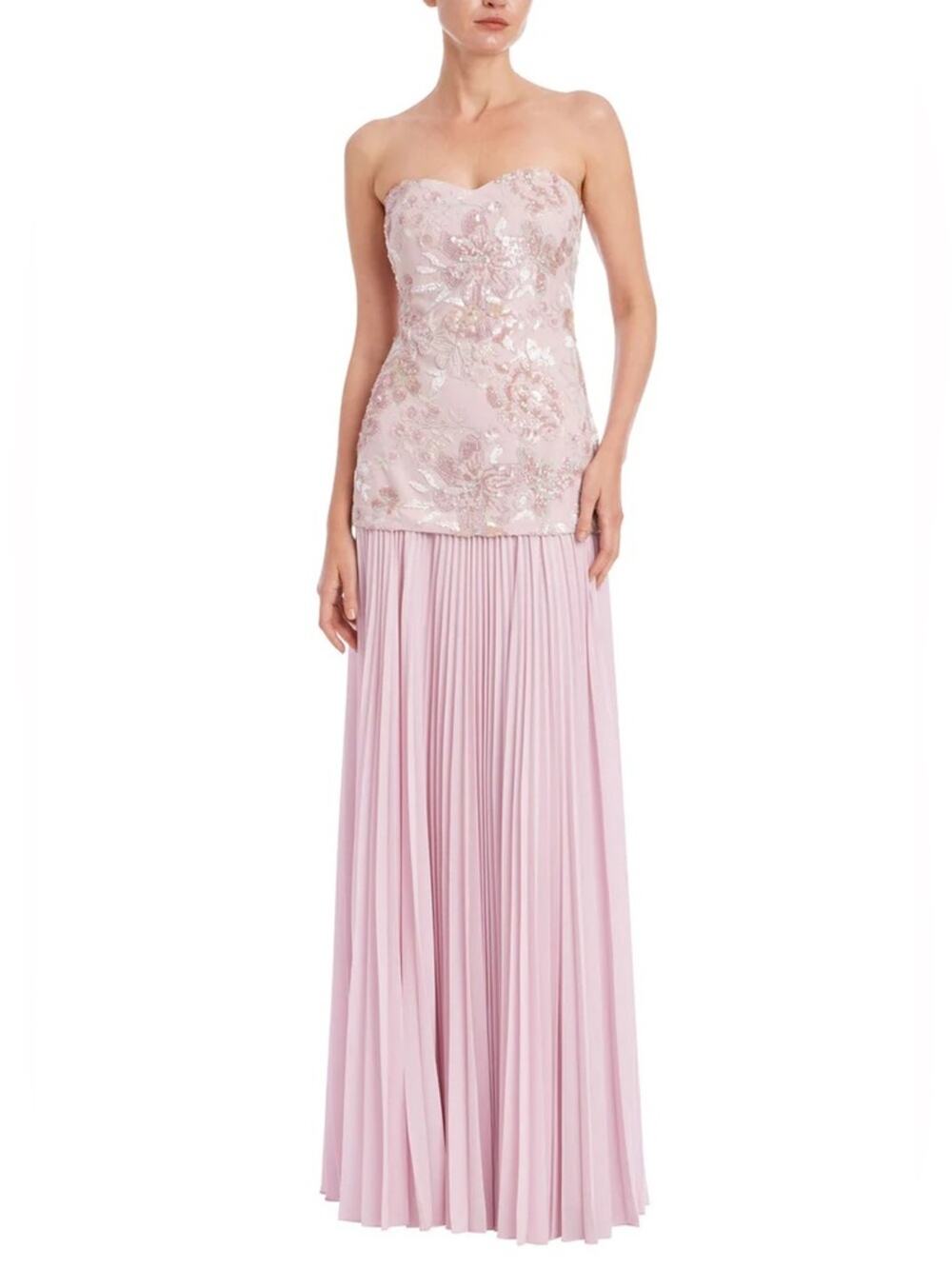 Badgley Mischka Strapless Beaded Bodice Dropwaist Gown in Blush Multi 12
